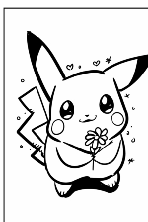 Desenho em preto e branco do Pikachu segurando uma flor, com corações e brilhos ao redor, perfeito para colorir. Para colorir.