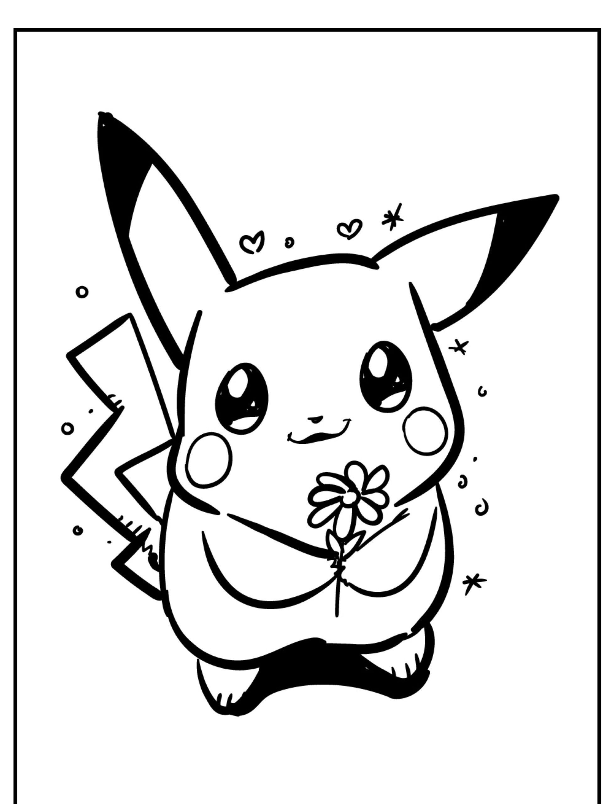 Desenho em preto e branco do Pikachu segurando uma flor, com corações e brilhos ao redor, perfeito para colorir. Para colorir.