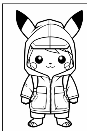 Uma criança vestindo uma fantasia de Pikachu está de pé, olhando para frente com um sorriso, vista em um desenho em preto e branco perfeito para colorir. Para colorir.