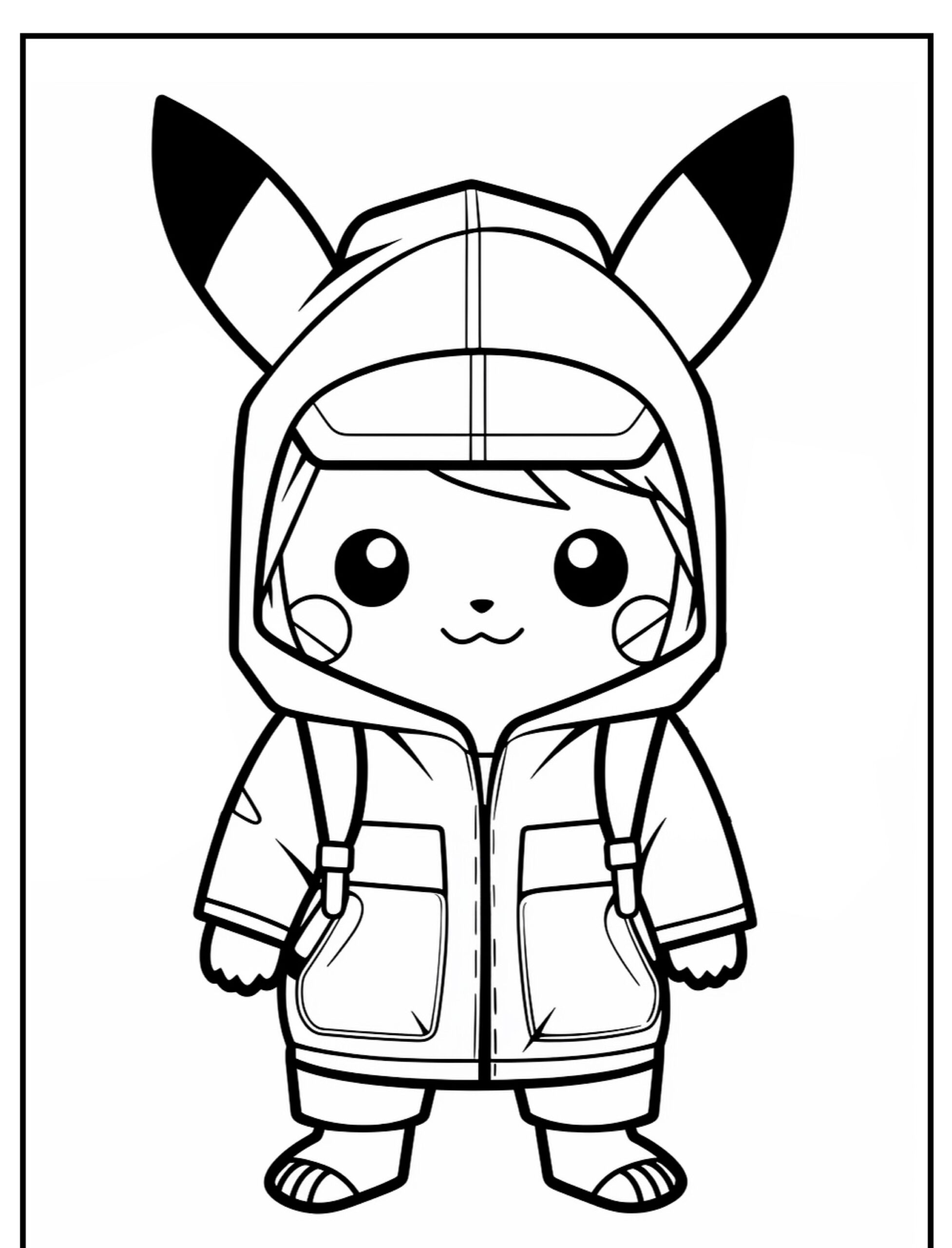 Uma criança vestindo uma fantasia de Pikachu está de pé, olhando para frente com um sorriso, vista em um desenho em preto e branco perfeito para colorir. Para colorir.