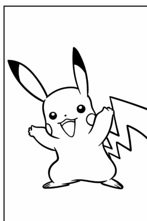 Contorno em preto e branco de um Pikachu feliz com os braços levantados e uma cauda em zigue-zague, perfeito para entusiastas de colorir que gostam de desenhar. Para colorir.