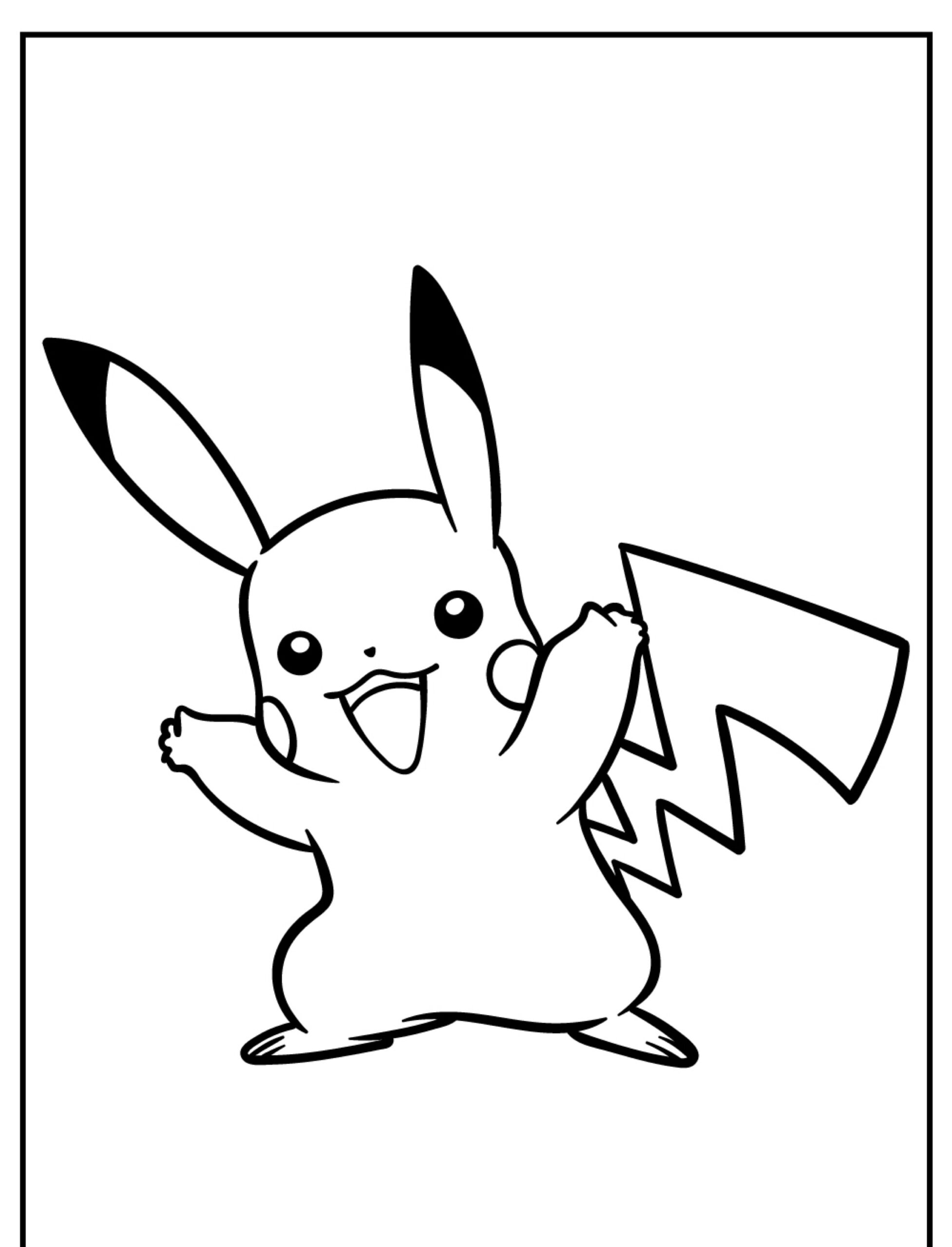 Contorno em preto e branco de um Pikachu feliz com os braços levantados e uma cauda em zigue-zague, perfeito para entusiastas de colorir que gostam de desenhar. Para colorir.