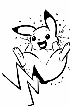 Desenho em preto e branco de um Pikachu feliz sendo eletrificado enquanto flutua no ar com um raio abaixo, perfeito para crianças colorirem. Para colorir.