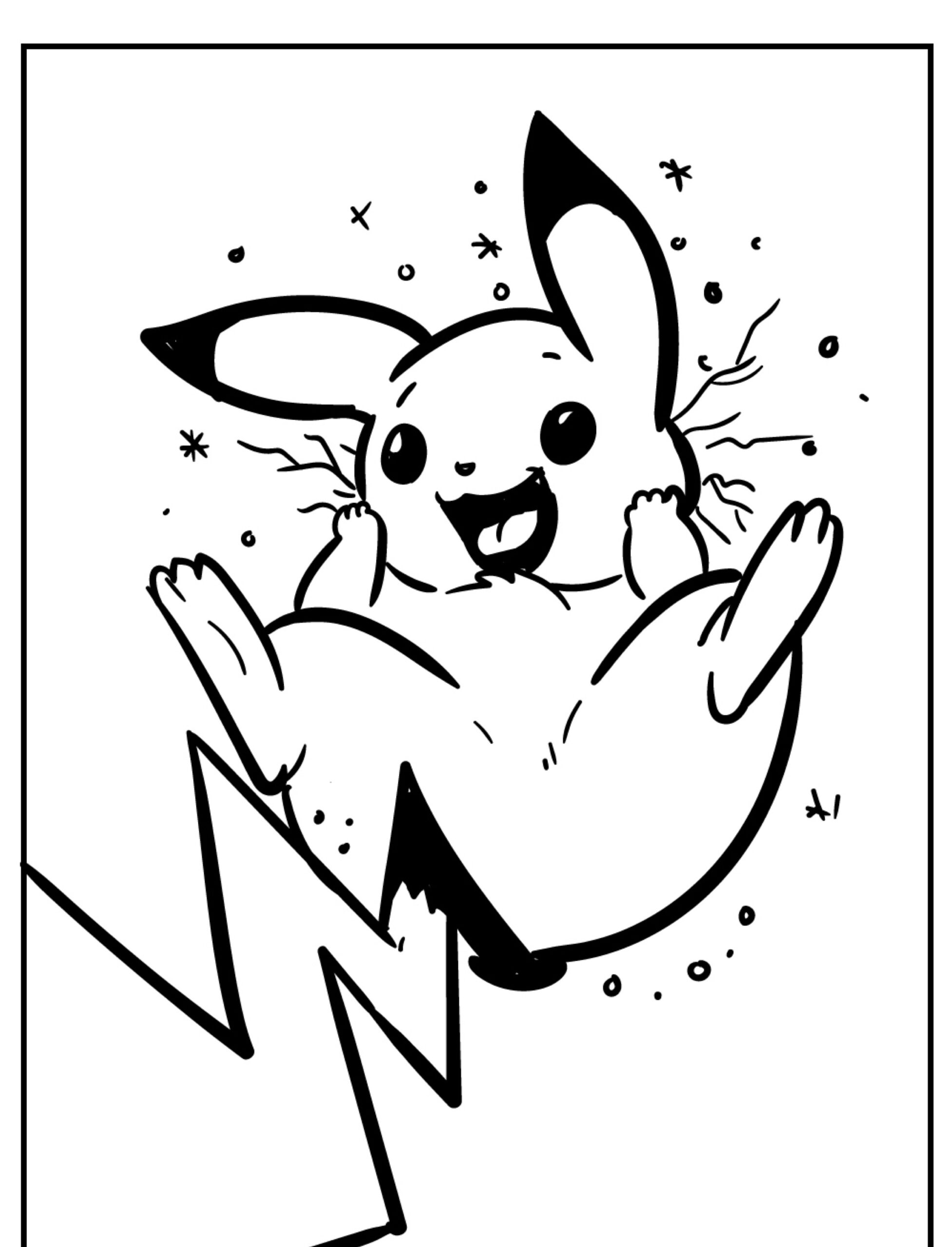 Desenho em preto e branco de um Pikachu feliz sendo eletrificado enquanto flutua no ar com um raio abaixo, perfeito para crianças colorirem. Para colorir.