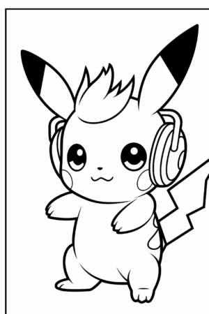 Um Pikachu fofo usando fones de ouvido, de pé e sorrindo, com o rabo levantado. Perfeito para entusiastas de colorir, este simples desenho em preto e branco convida à coloração criativa. Para colorir.