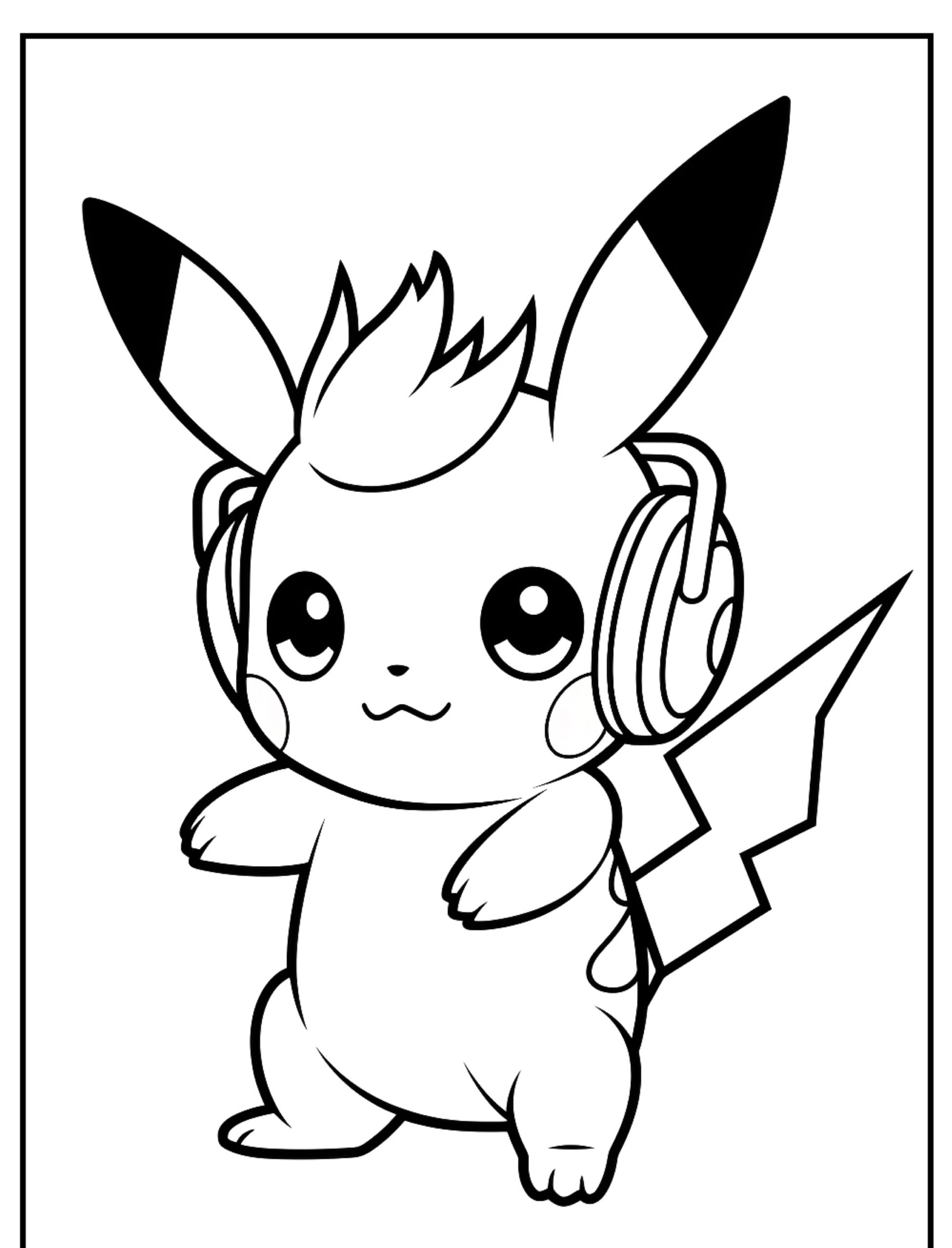 Um Pikachu fofo usando fones de ouvido, de pé e sorrindo, com o rabo levantado. Perfeito para entusiastas de colorir, este simples desenho em preto e branco convida à coloração criativa. Para colorir.