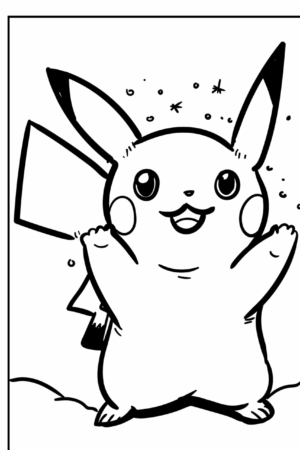 Um desenho em preto e branco do Pikachu em pé, sorrindo e com os braços levantados, pronto para ser colorido. Para colorir.