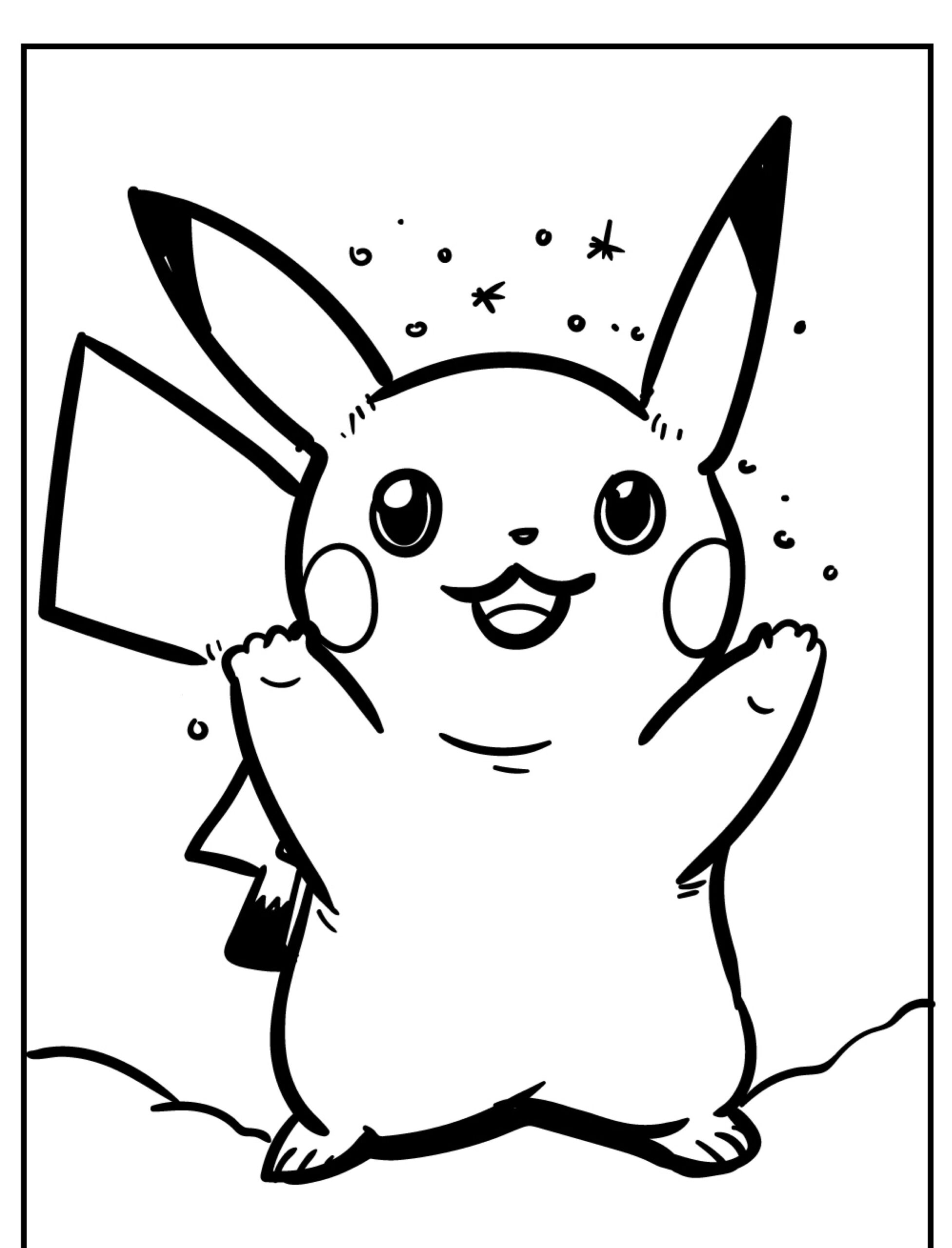 Um desenho em preto e branco do Pikachu em pé, sorrindo e com os braços levantados, pronto para ser colorido. Para colorir.