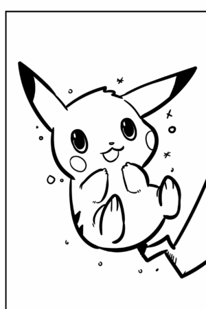 Ilustração em preto e branco de um Pikachu feliz flutuando e cercado por pequenos brilhos, pronto para colorir. Para colorir.