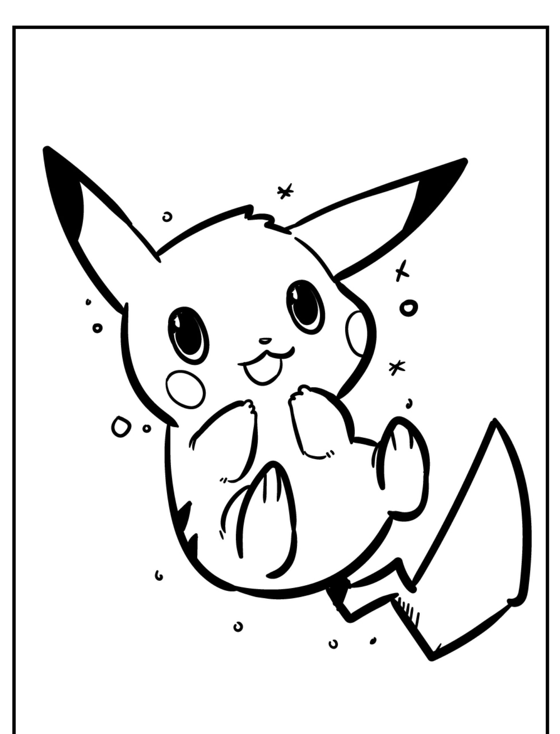 Ilustração em preto e branco de um Pikachu feliz flutuando e cercado por pequenos brilhos, pronto para colorir. Para colorir.