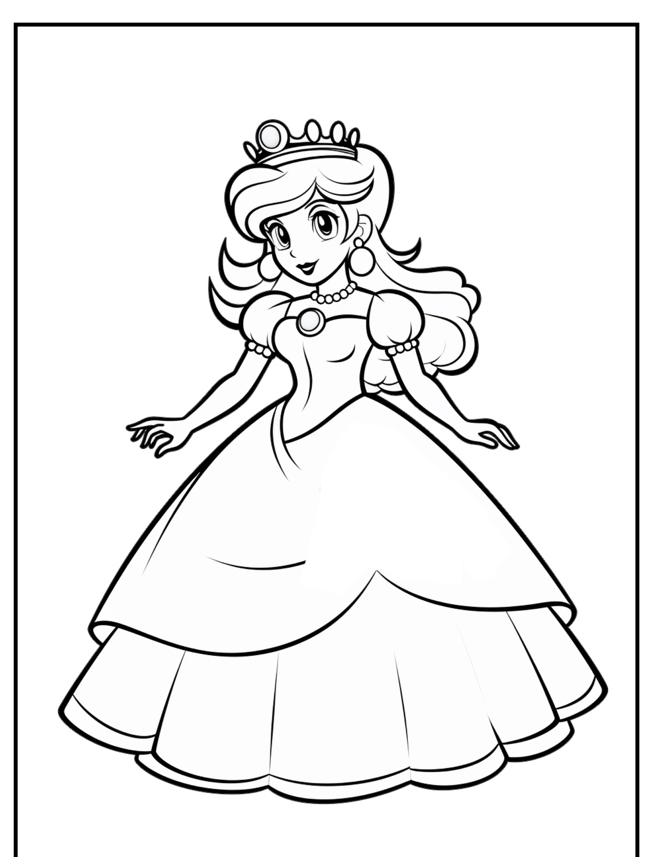 Um desenho em preto e branco de uma princesa com coroa e vestido, de pé e sorrindo, perfeito para colorir. Para desenhar.