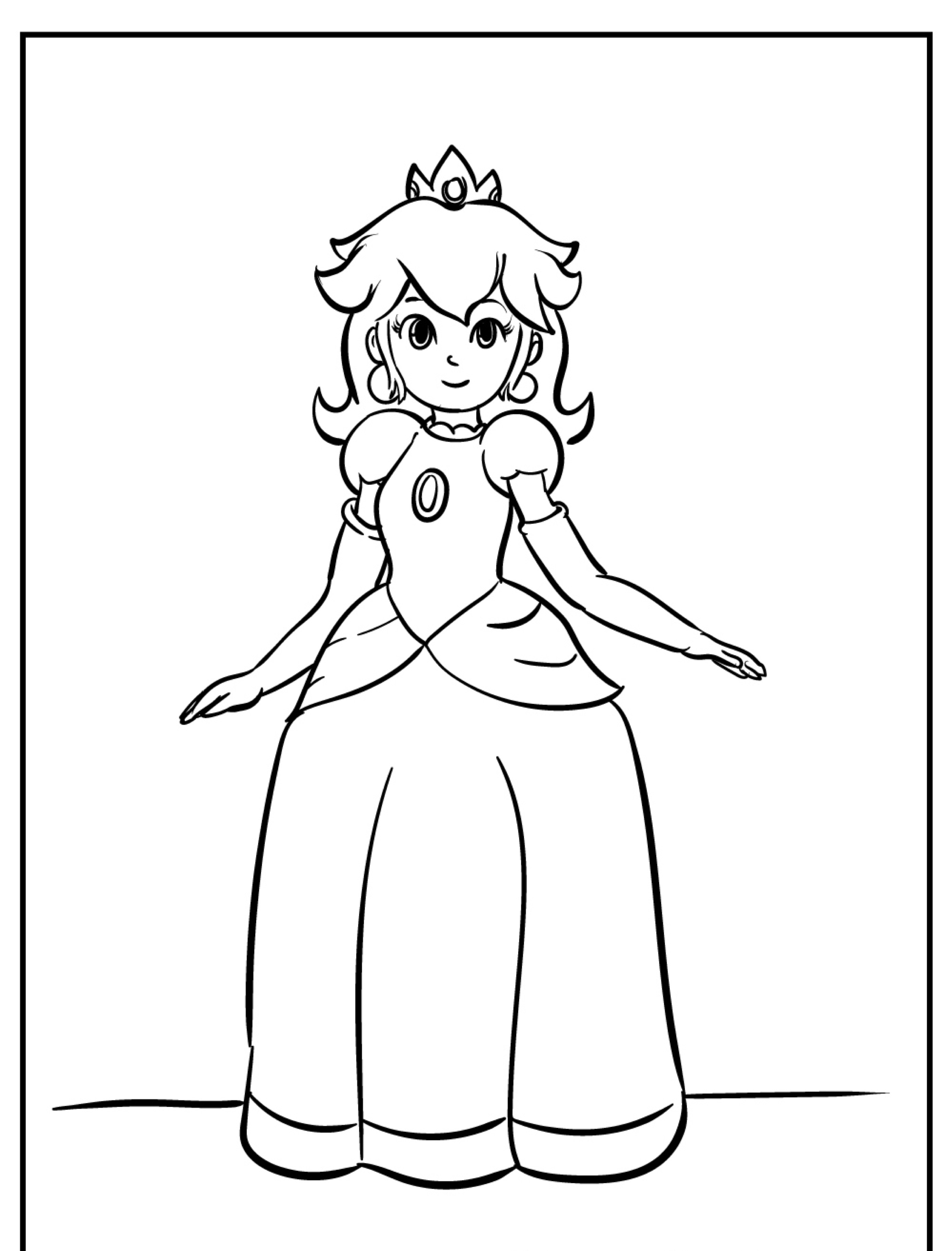 Desenho em preto e branco de uma princesa em pé com os braços levemente estendidos, usando uma coroa e um vestido longo, perfeito para quem gosta de colorir princesas. Para desenhar.