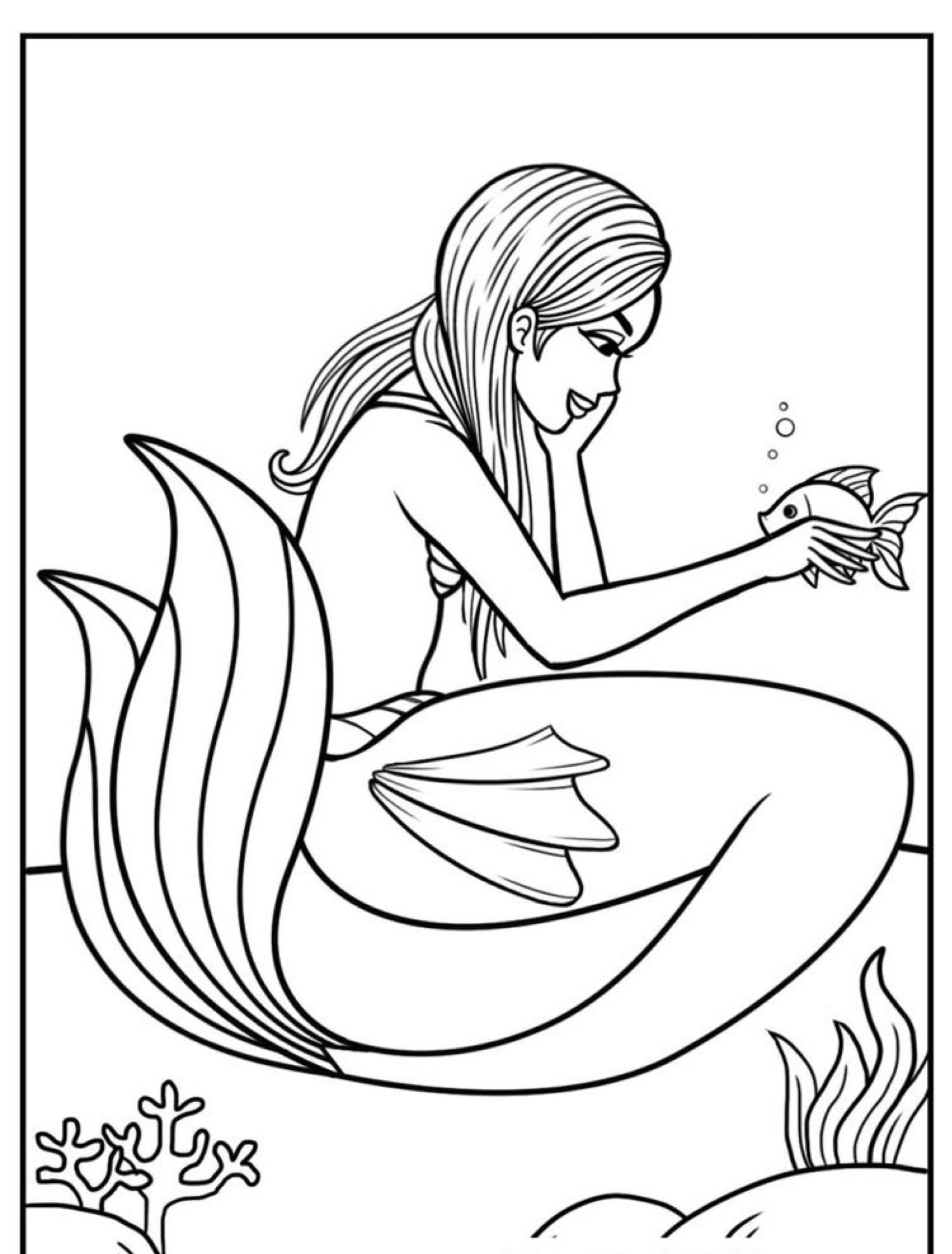 Uma sereia está sentada debaixo d'água, segurando um pequeno peixe com uma mão e sorrindo, cercada por corais e plantas. Esta cena encantadora é um desenho de sereia perfeito para crianças colorirem. Para colorir.