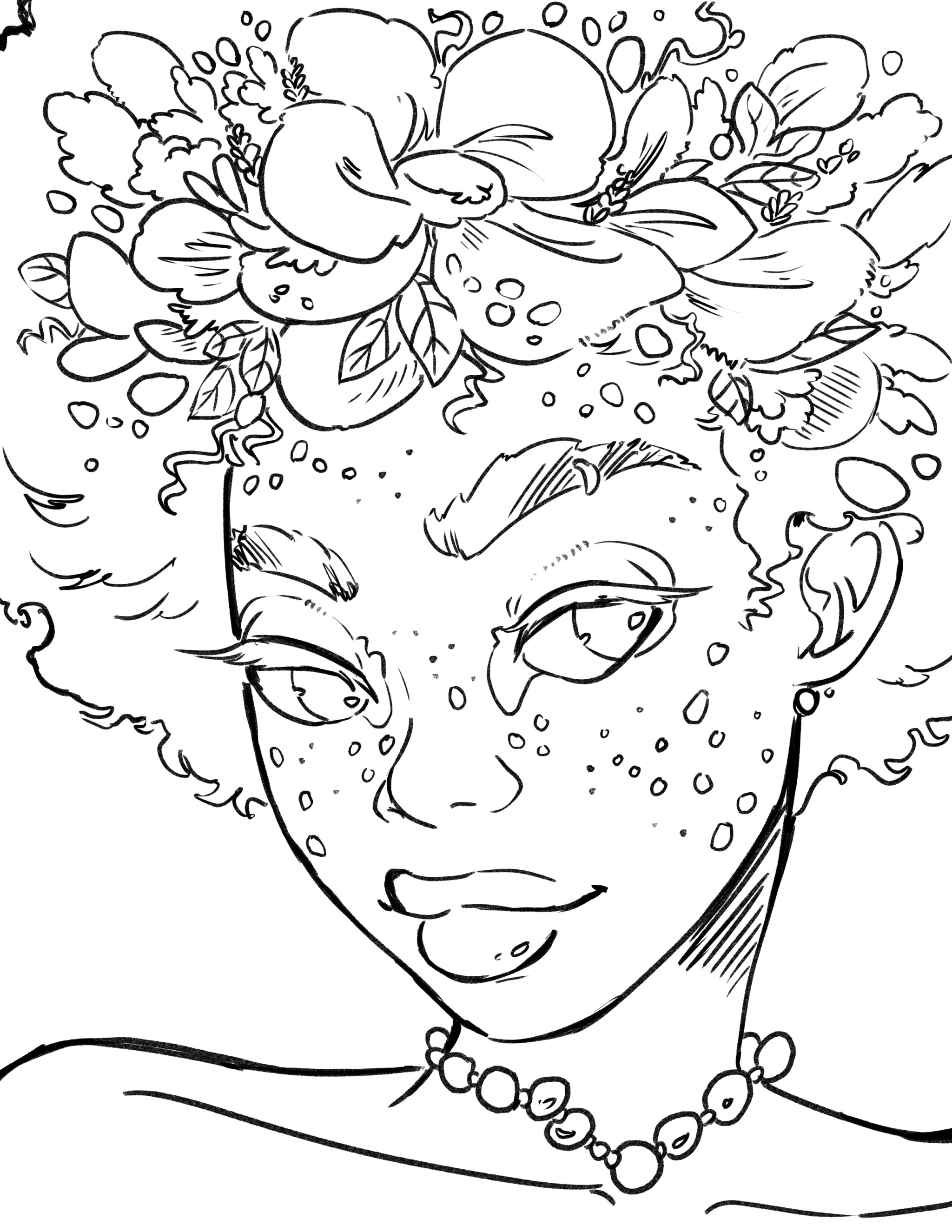 Desenho de arte linear de uma pessoa com flores no cabelo cacheado, sardas, sobrancelhas arqueadas e um colar de contas — perfeito como desenho tumblr ou desenho para colorir.