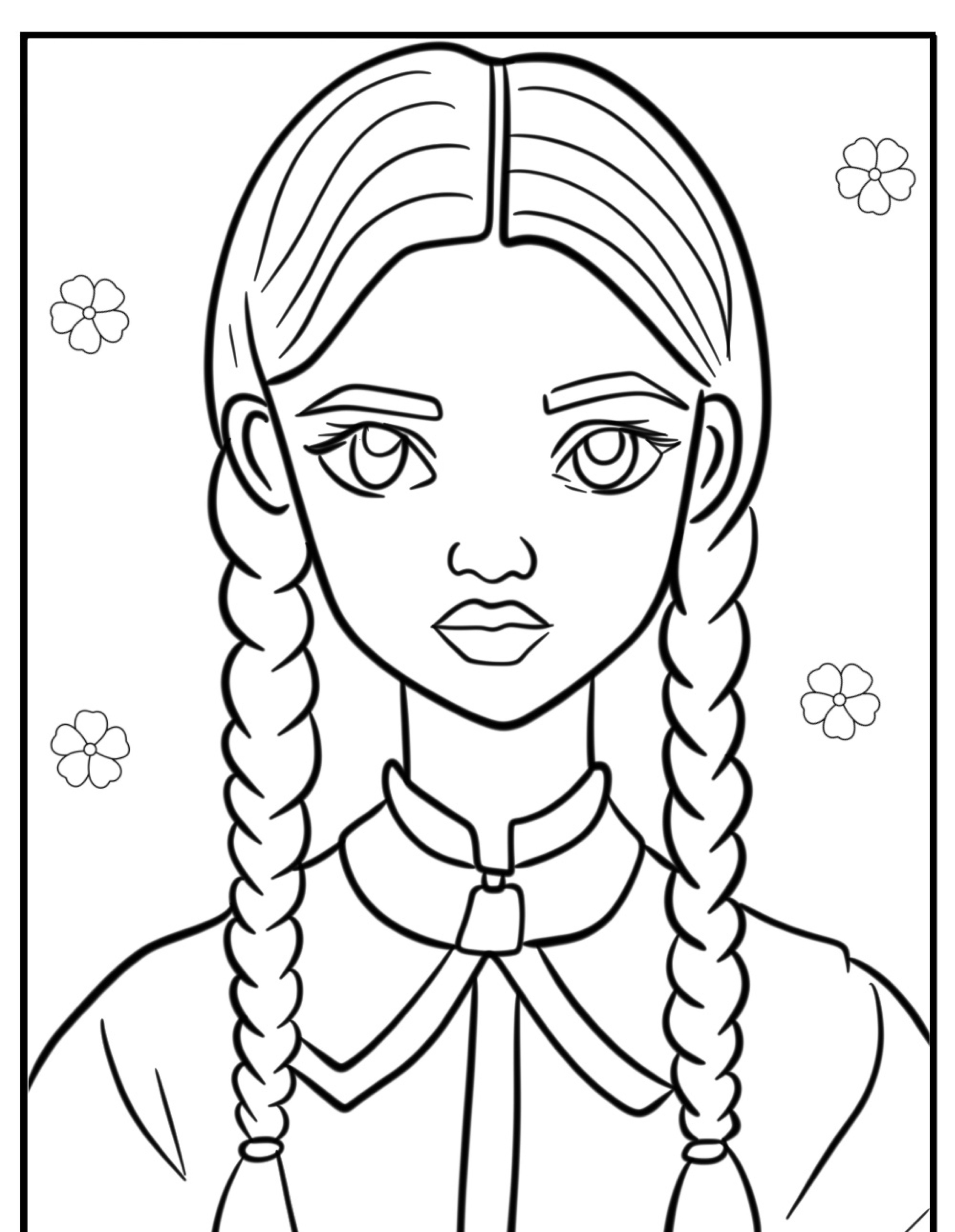 Desenho em linha de uma jovem menina com duas tranças e flores ao fundo, perfeito para colorir.