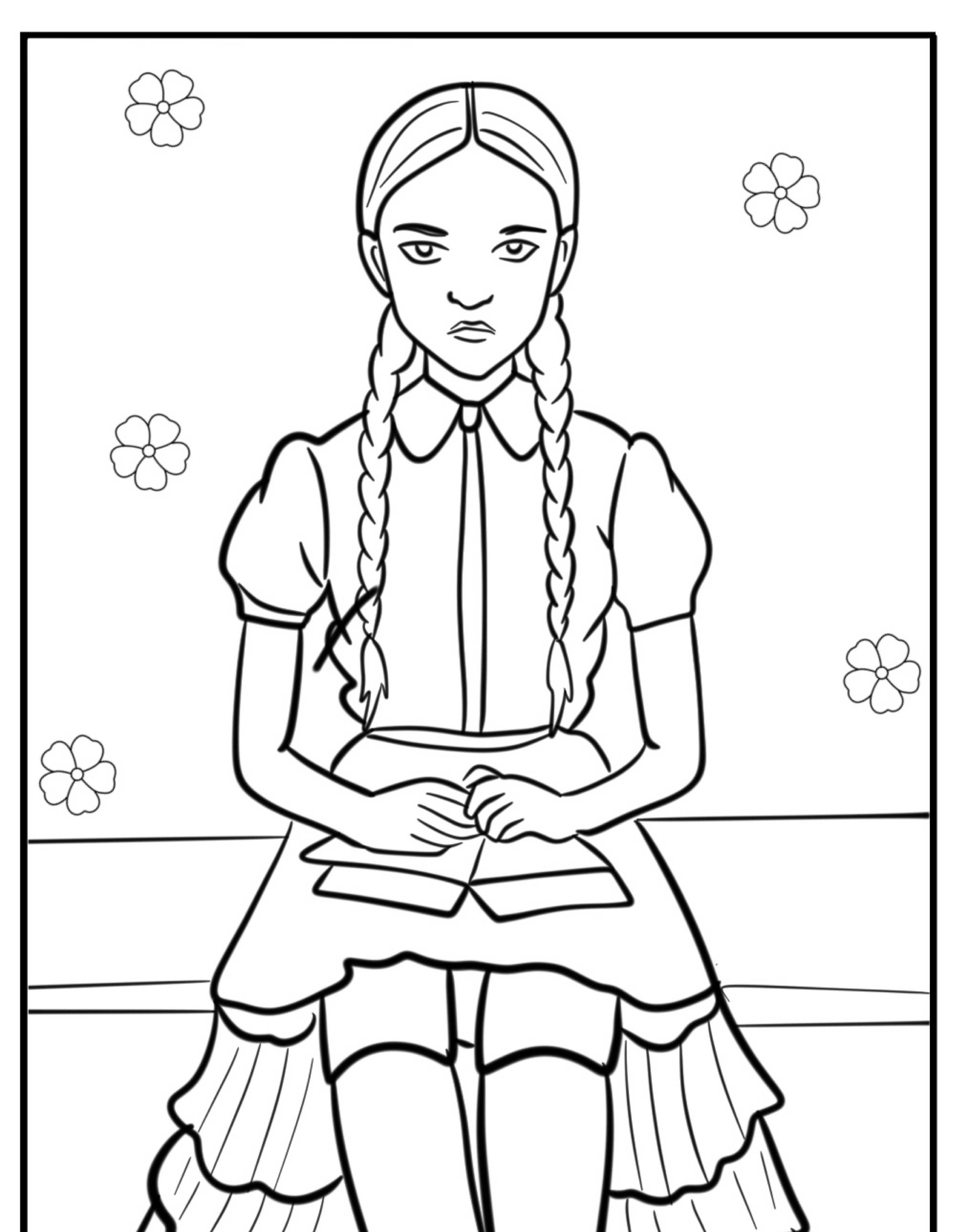 Menina com longas tranças e expressão séria sentada, segurando papel, talvez pronta para colorir. Ela está cercada por flores ao fundo. A cena parece uma página de um desenho da Wandinha.