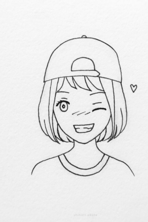 Desenho de uma pessoa piscando, usando um boné virado para trás e sorrindo, com um pequeno coração ao lado da cabeça, lembrando Desenho de Anime. Para desenhar -