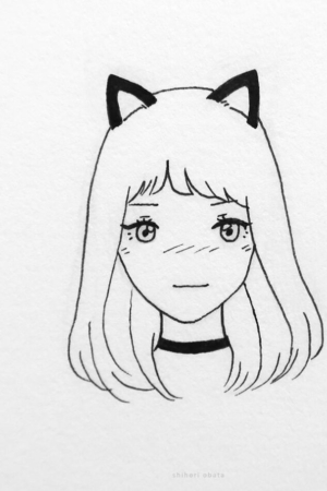 Desenho simples de uma garota com orelhas de gato, cabelo longo e uma gargantilha em um fundo branco, perfeito para qualquer pessoa interessada em Desenho de Anime. Para desenhar -