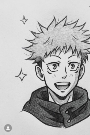 Esboço em preto e branco de um personagem de anime sorridente com cabelo espetado e um cachecol, cercado por estrelas. Este desenho captura a essência caprichosa do anime perfeitamente. Para desenhar -