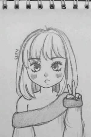 Desenho de uma garota de anime com uma blusa de manga longa, fazendo sinal de paz com uma mão e fazendo beicinho. Para desenhar -