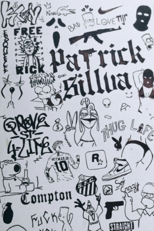 Uma colagem de vários desenhos e textos em estilo grafite, incluindo "PaTrick SilLva", "Compton" e "Thug Life", que lembra desenhos de cria, frequentemente encontrados em cadernos escolares. Para Colorir.