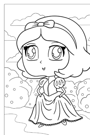 Desenho animado de Menina com um laço no cabelo, usando um vestido, parada em um caminho com arbustos e um fundo de céu nublado, perfeito para desenhos de colorir.