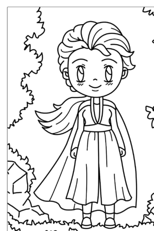 Uma página para colorir de uma menina no estilo chibi com uma capa, parada ao ar livre entre pedras e folhagens, perfeita para desenho ou colorir.