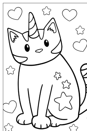 Um gato fofo de desenho animado com um chifre de unicórnio está sentado entre corações e estrelas neste desenho em preto e branco, perfeito para desenhos para colorir.