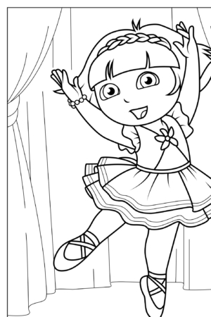 Uma menina de desenho animado usando um vestido e sapatilhas de balé dança no palco com cortinas ao fundo, perfeita para Desenhos para Menina para colorir.