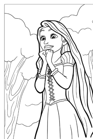 Uma princesa com cabelos longos e um vestido está em uma floresta, parecendo animada com as mãos cruzadas sob o queixo, lembrando um daqueles desenhos de menina para colorir encantadores que despertam a imaginação.