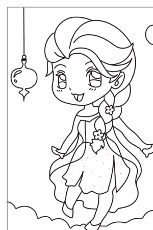 Menina no estilo chibi com cabelo trançado, usando um vestido, sorrindo e parada entre nuvens com enfeites pendurados, perfeita para desenhos para colorir.