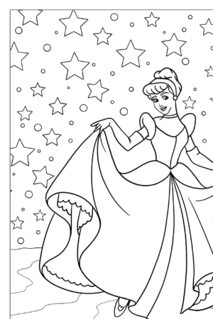 Uma princesa em um vestido segurando seu vestido, cercada por estrelas, ilustrada em um estilo de livro de colorir. Perfeito para desenho para menina colorir e aproveitar.