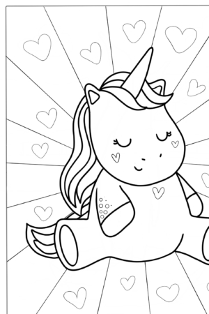 Unicórnio fofo sentado com corações e raios no fundo, contornado para colorir. Ideal para desenho para colorir para meninas!