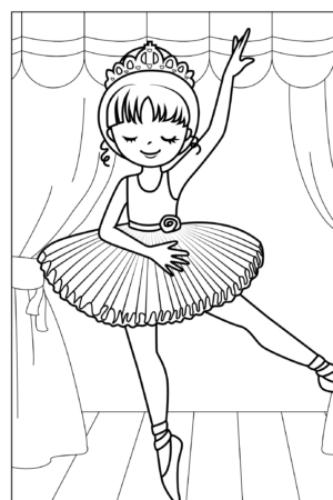 Uma menina bailarina com uma tiara dança graciosamente no palco com uma perna levantada, ladeada por cortinas, como se fosse parte de um deslumbrante desenho colorido.