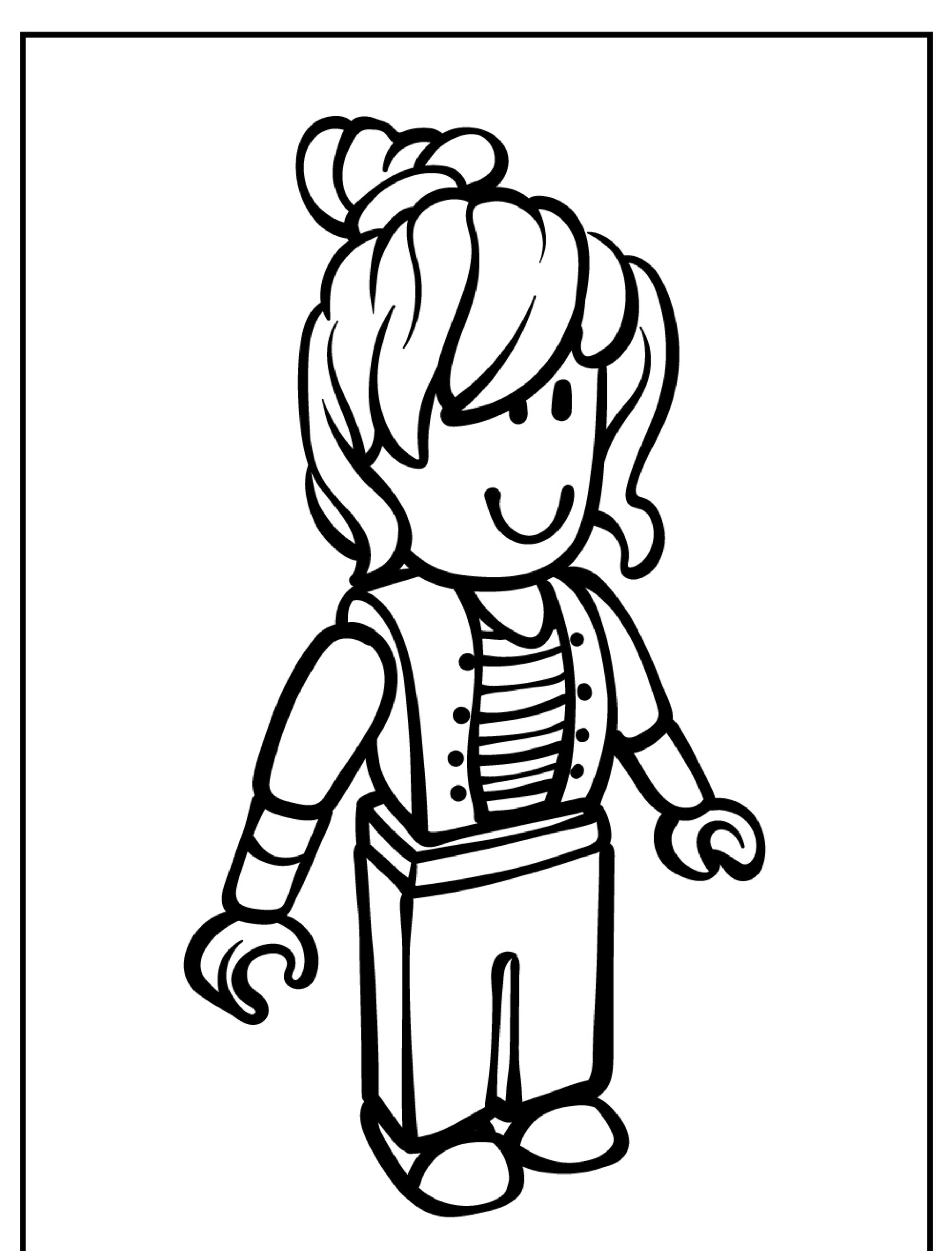 Desenho para colorir em preto e branco de uma figura estilo LEGO com um coque, vestindo uma camisa listrada e colete.