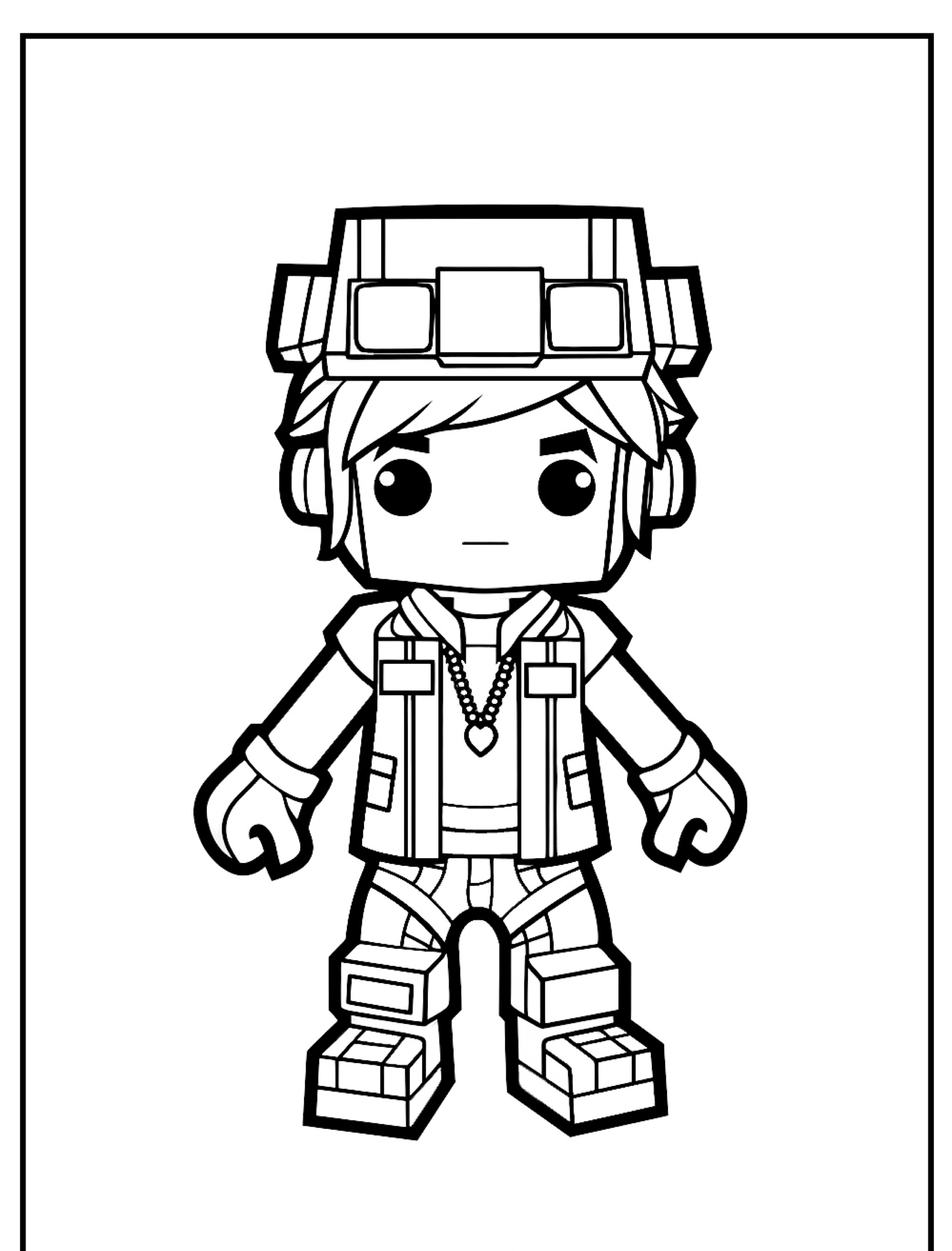 Desenho em preto e branco de um personagem de desenho animado usando um capacete, um colar e roupas detalhadas com botas. Fan art ou desenho para colorir perfeito do Roblox para crianças que amam atividades criativas.