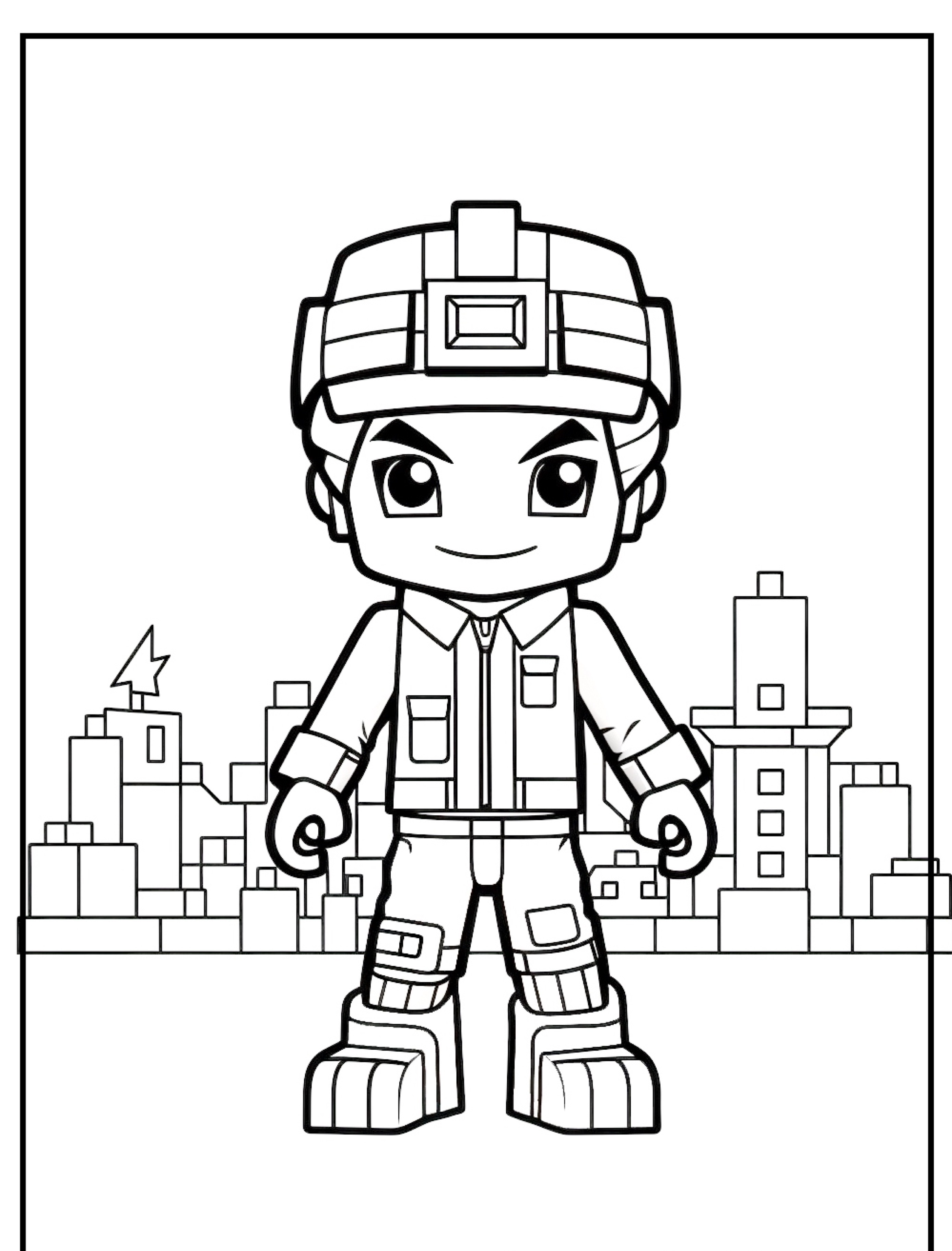 Um bombeiro de desenho animado com capacete está em frente a uma paisagem urbana, sorrindo confiantemente, pronto para a ação como um personagem saído diretamente do Roblox.