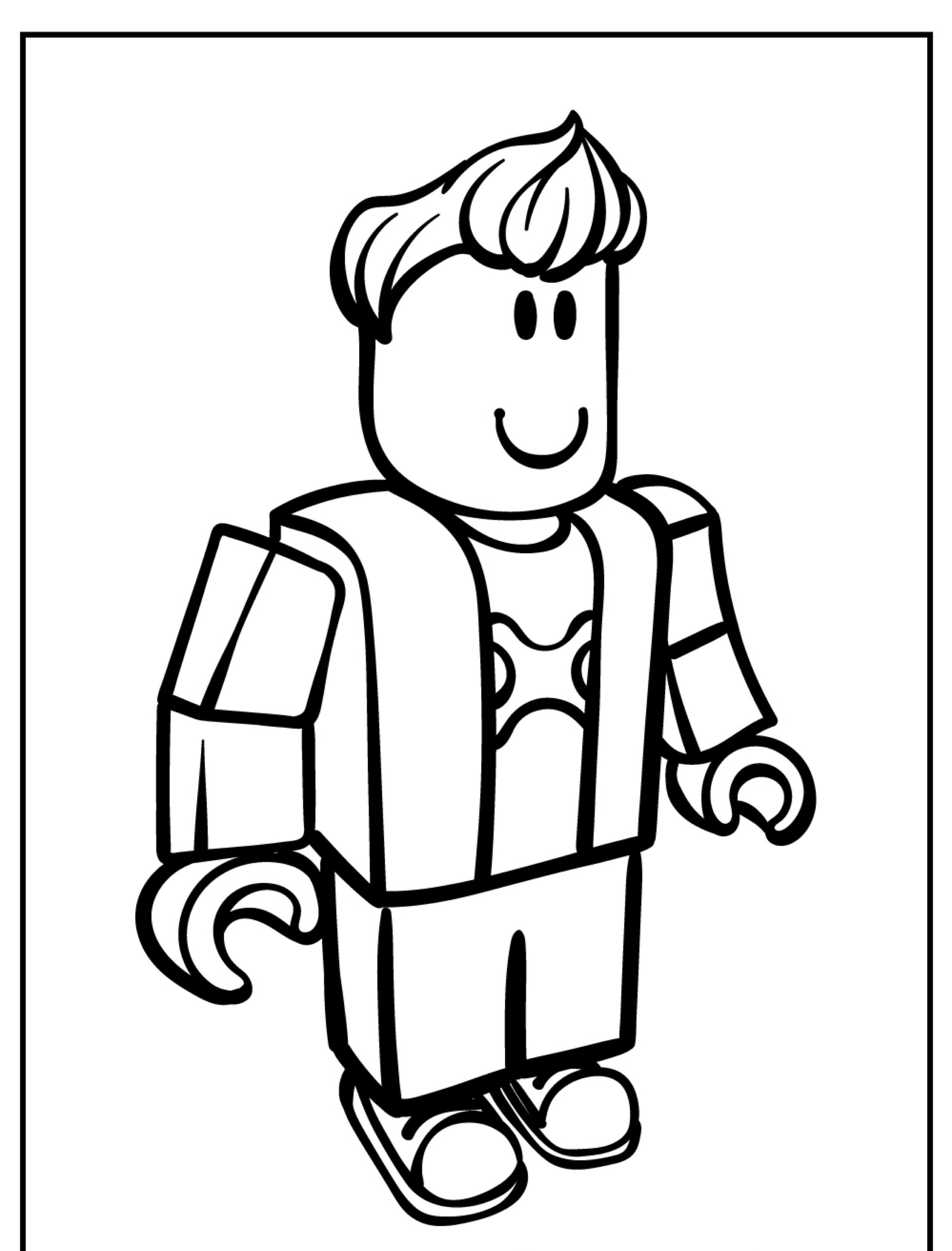 Um desenho para colorir em preto e branco de uma minifigura LEGO sorridente com cabelo curto, uma jaqueta e uma camisa com um símbolo.