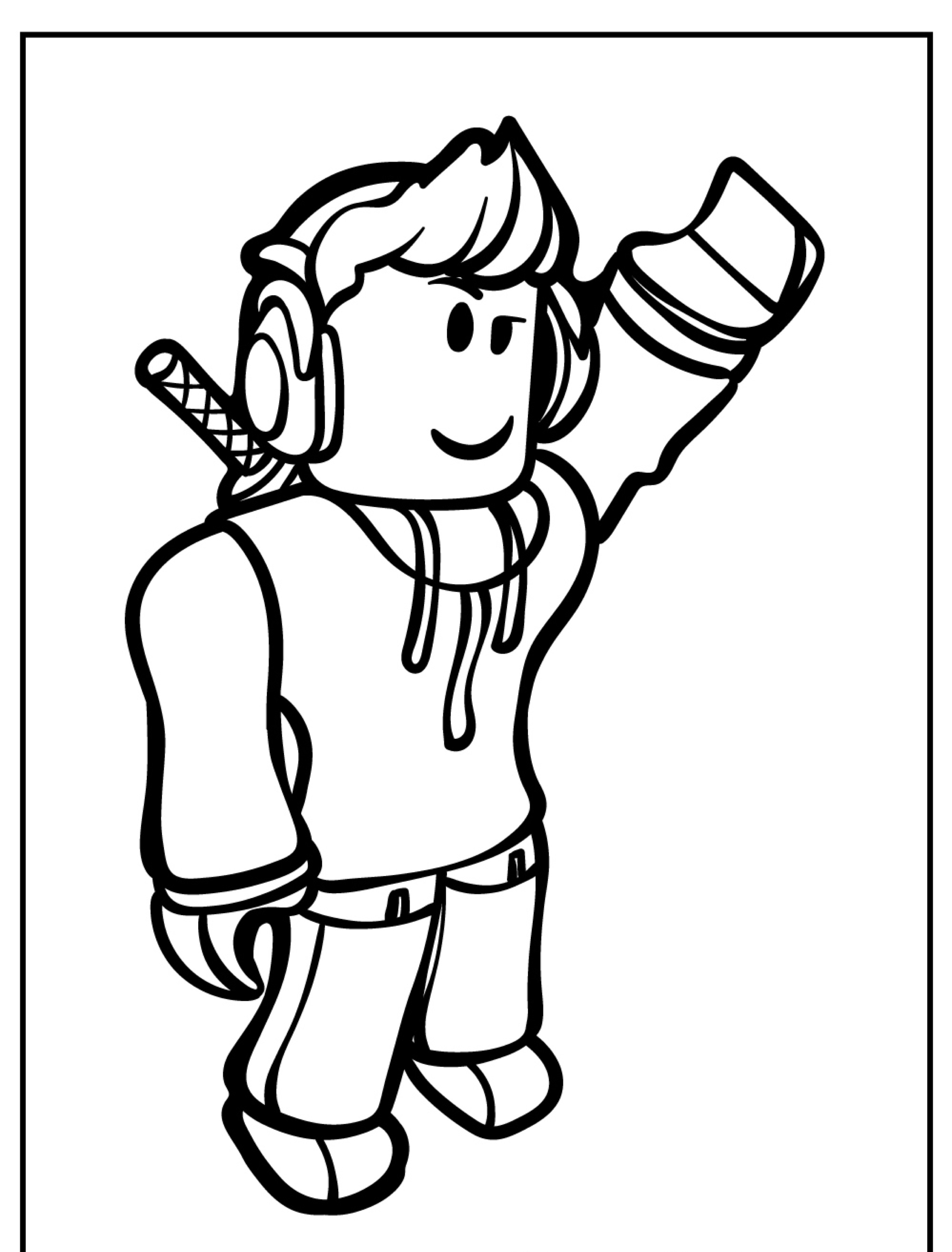 Uma ilustração Roblox em preto e branco de um personagem acenando, usando fones de ouvido, um moletom com capuz e com uma espada nas costas. Perfeito como desenho para colorir.