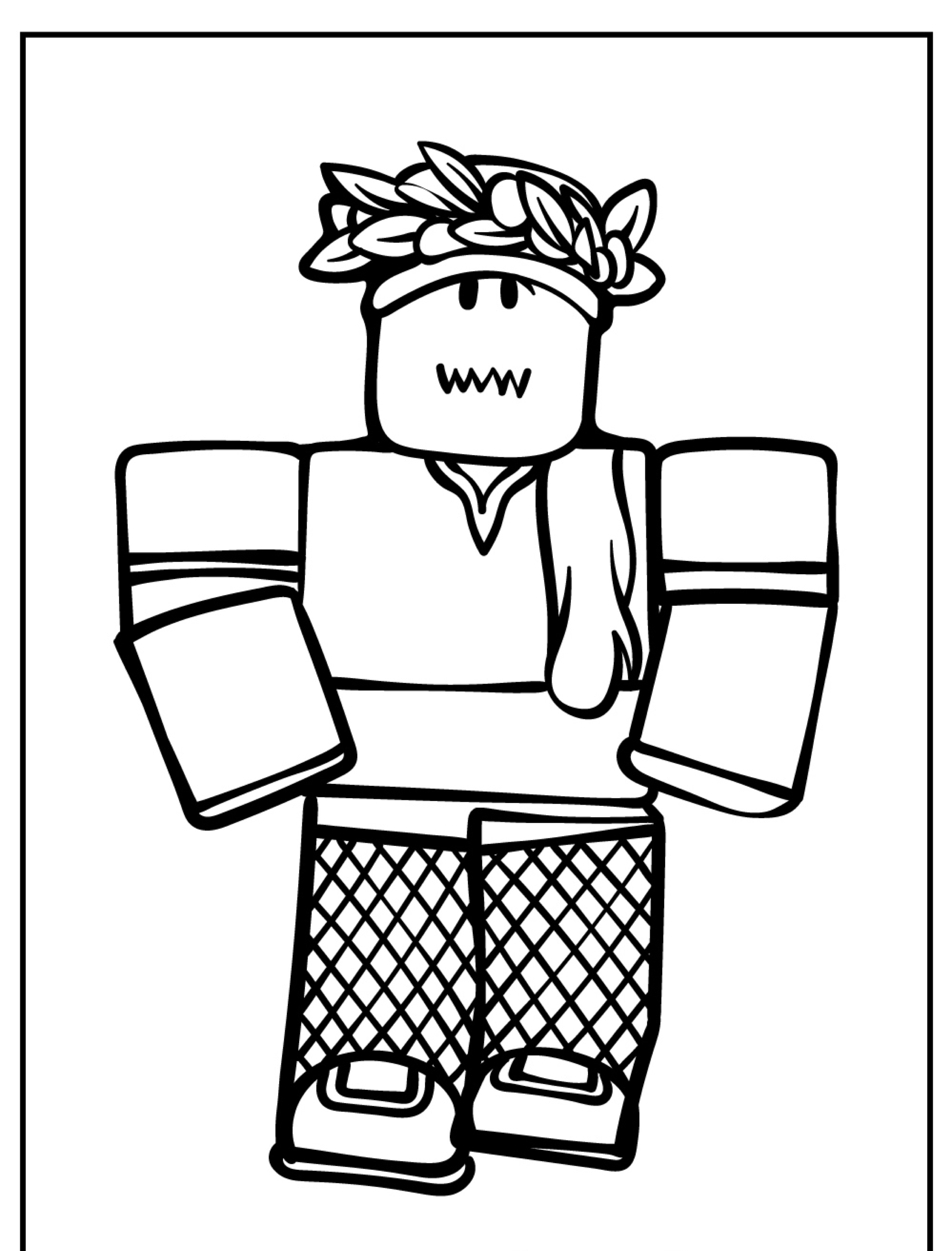 Uma ilustração em preto e branco de um personagem do Roblox em estilo bloco usando uma coroa de flores na cabeça, cachecol, suéter e leggings de rede; é perfeito como um desenho para colorir.