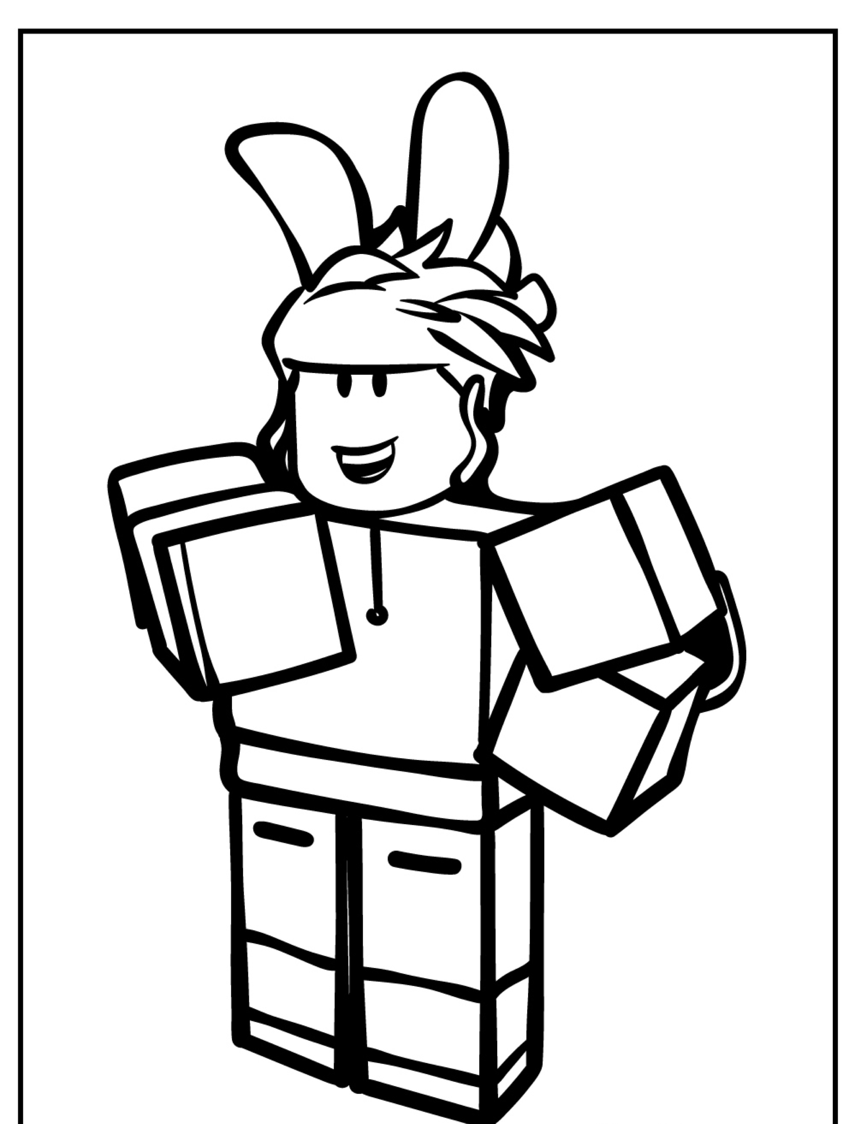 Um desenho em preto e branco de um personagem Roblox com orelhas de coelho, acenando e sorrindo, perfeito como desenho para colorir.