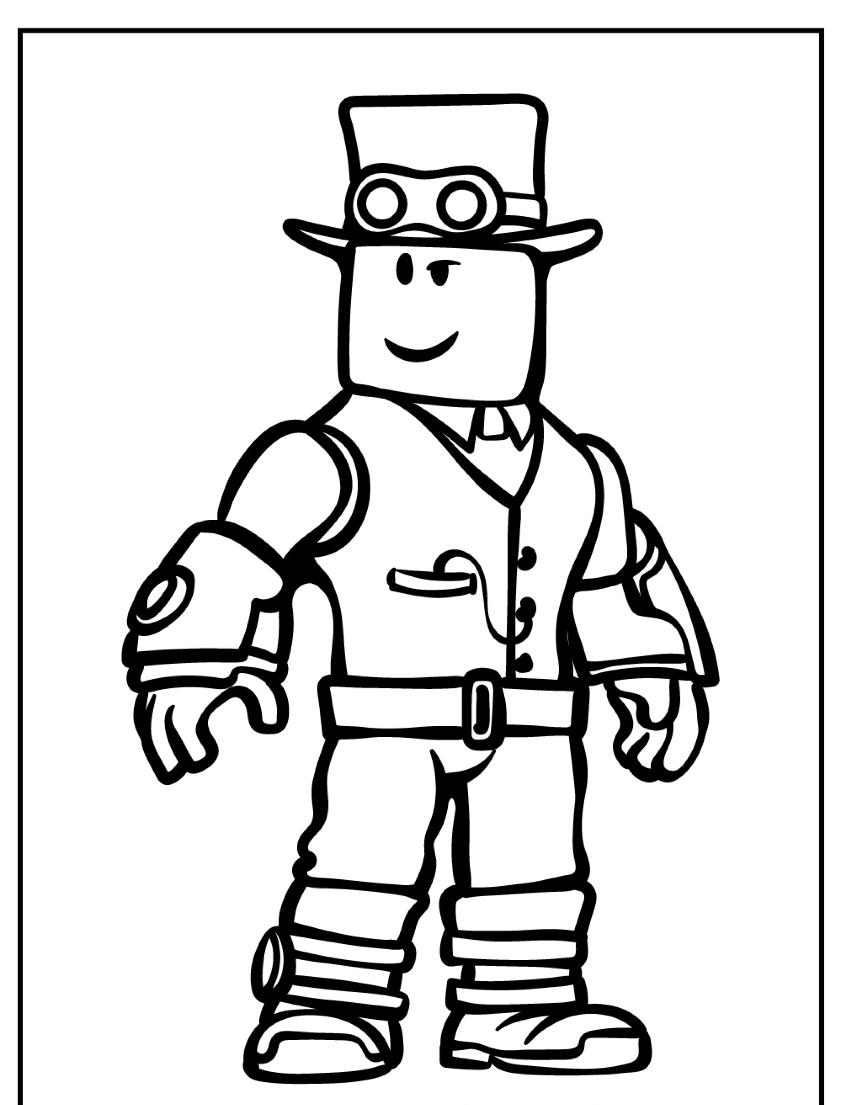 Personagem de desenho animado com traje steampunk, incluindo cartola, óculos de proteção e braço mecânico, perfeito para um desenho para colorir com tema Roblox.