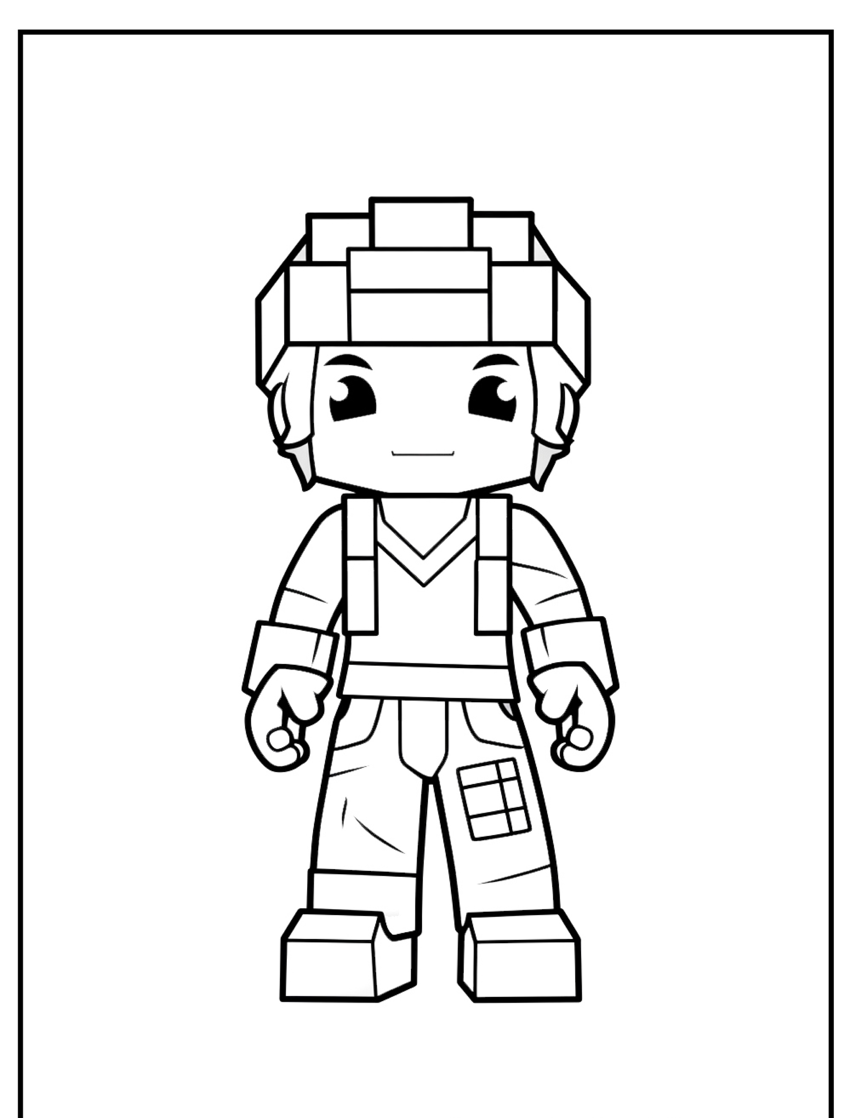 Um desenho em preto e branco de um personagem em blocos, estilo Minecraft, vestindo macacão e chapéu, sorrindo. Perfeito para crianças colorirem.