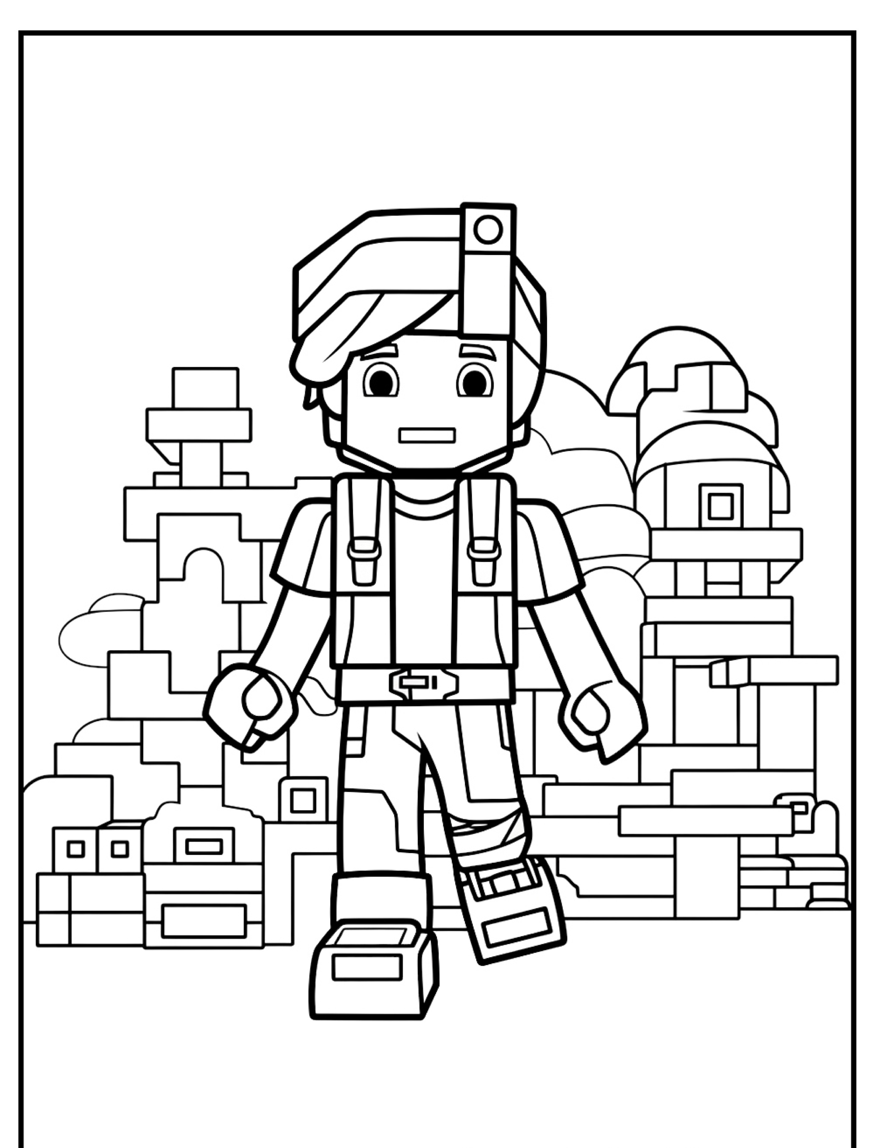 Uma página para colorir de um personagem do Roblox em blocos, com uma faixa listrada na cabeça e um macacão, com um fundo de edifícios geométricos.