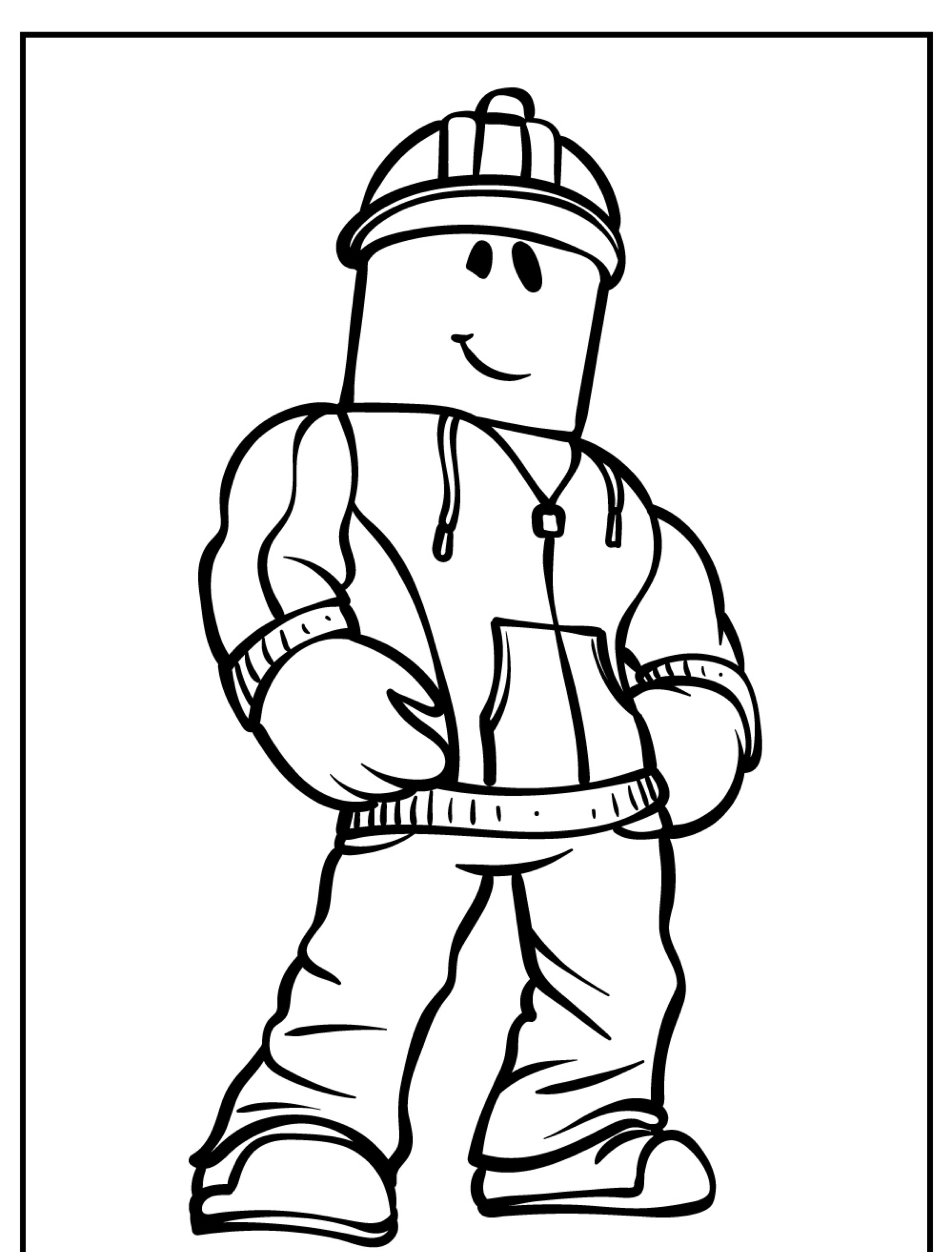 Desenho de um personagem sorridente, parecido com um bloco, usando um moletom, calças, botas e um gorro com pompom. Perfeito para fãs de Roblox que procuram páginas de colorir divertidas!