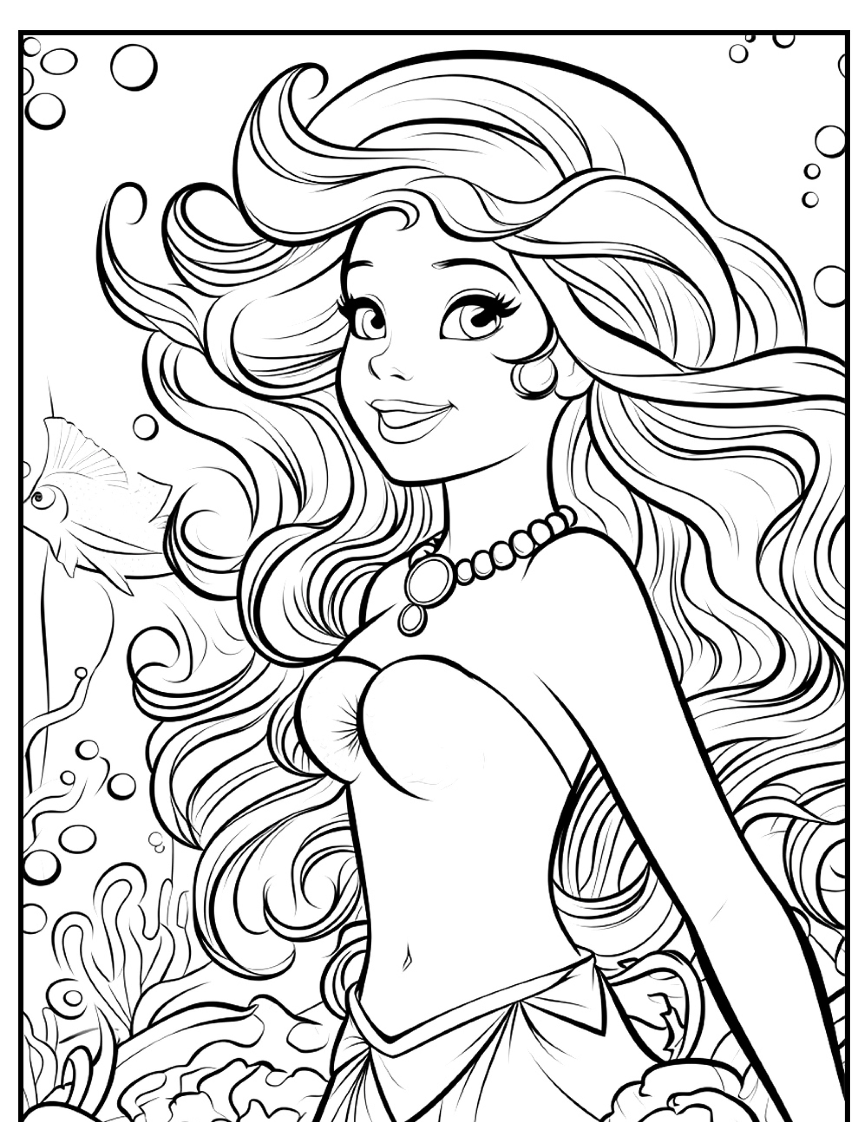 Ariel, a sereia sorridente com cabelos longos e soltos, veste um top de concha e um colar. Ela está cercada por bolhas subaquáticas e peixes coloridos neste desenho encantador pronto para colorir.