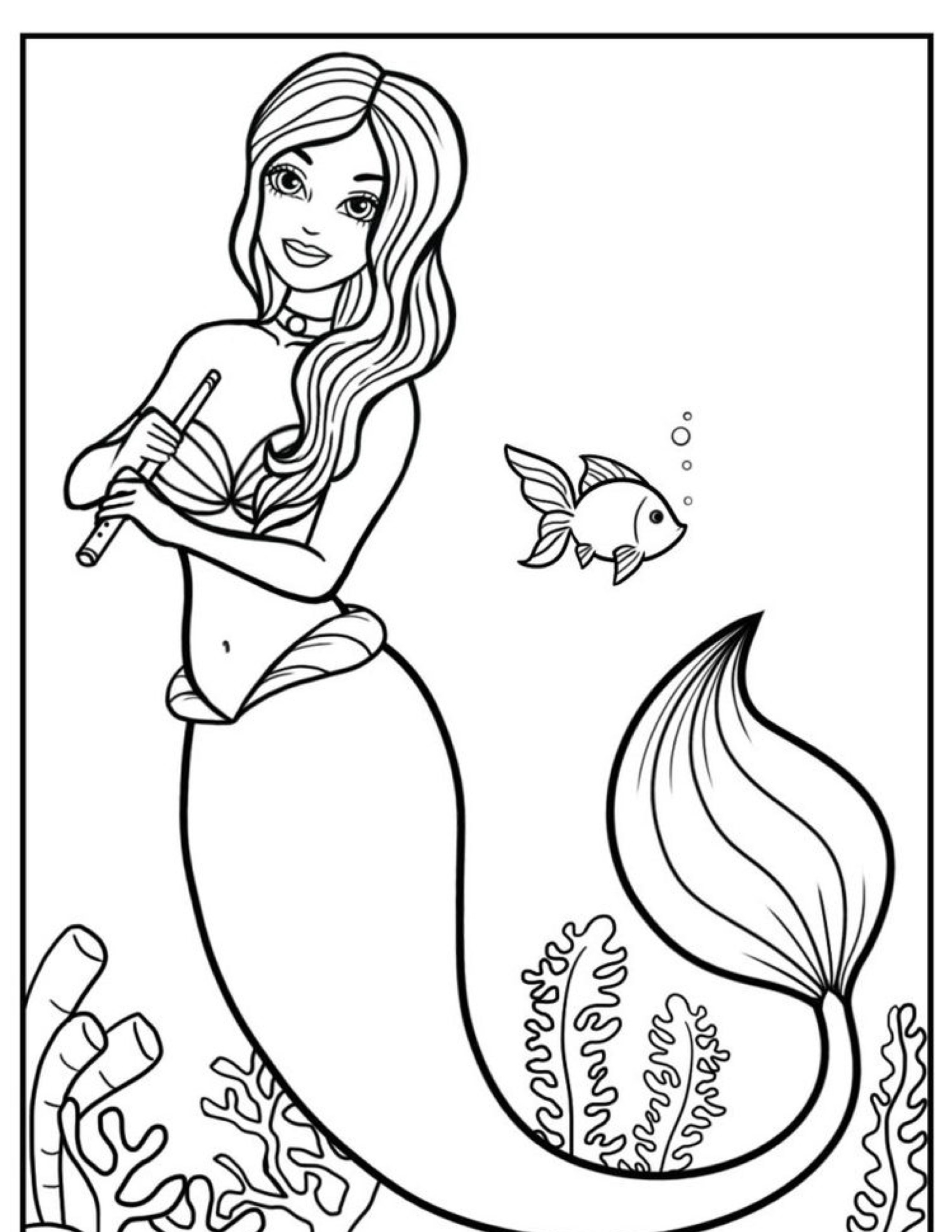 Uma sereia tocando flauta debaixo d'água, acompanhada por um pequeno peixe e cercada por algas e corais, lembrando um desenho encantador de Ariel esperando para ser colorido.