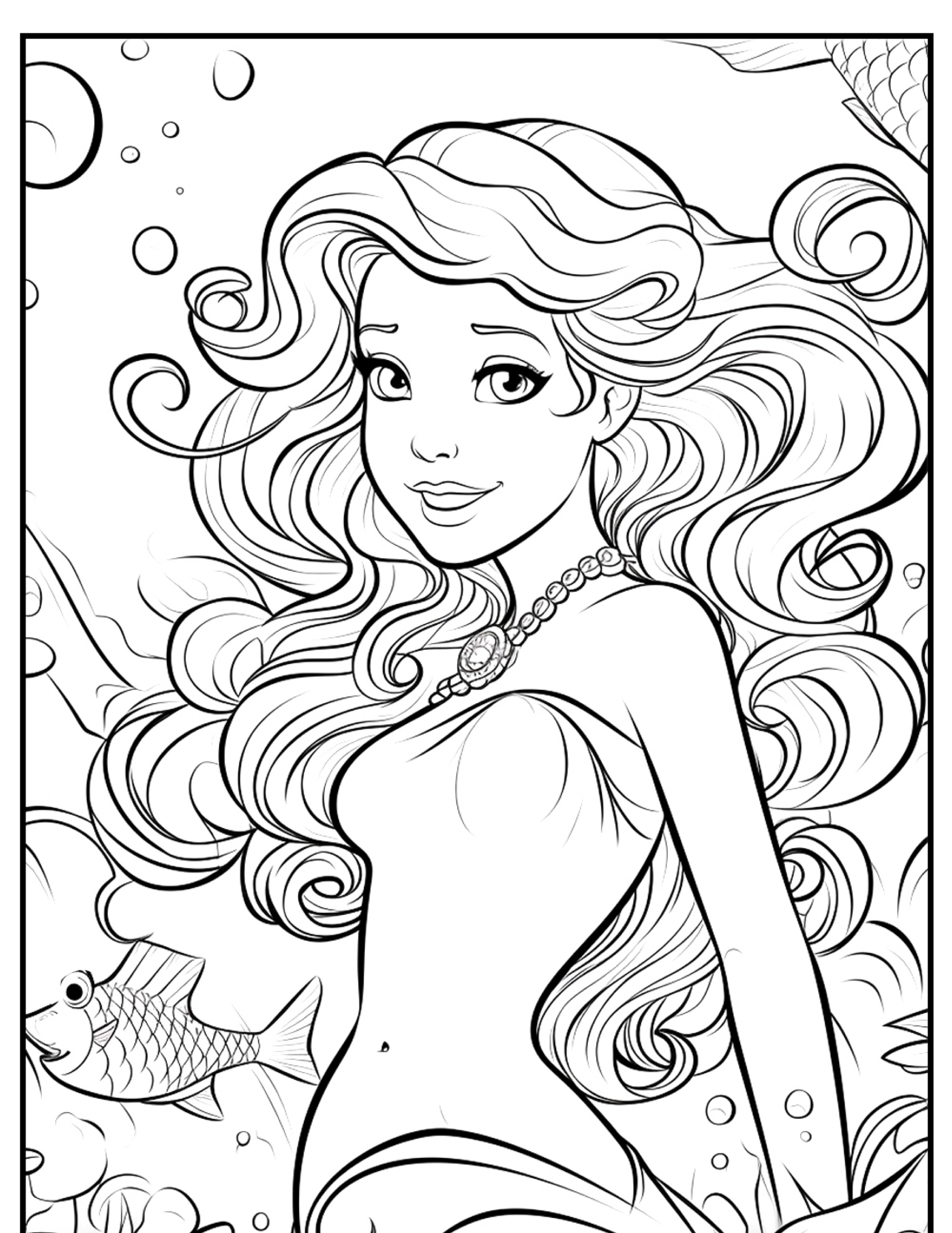 Uma sereia com cabelos longos e soltos e um colar sorri, cercada por elementos subaquáticos e um peixe — perfeito para uma atividade de colorir. Desenho da Ariel coloring book page.