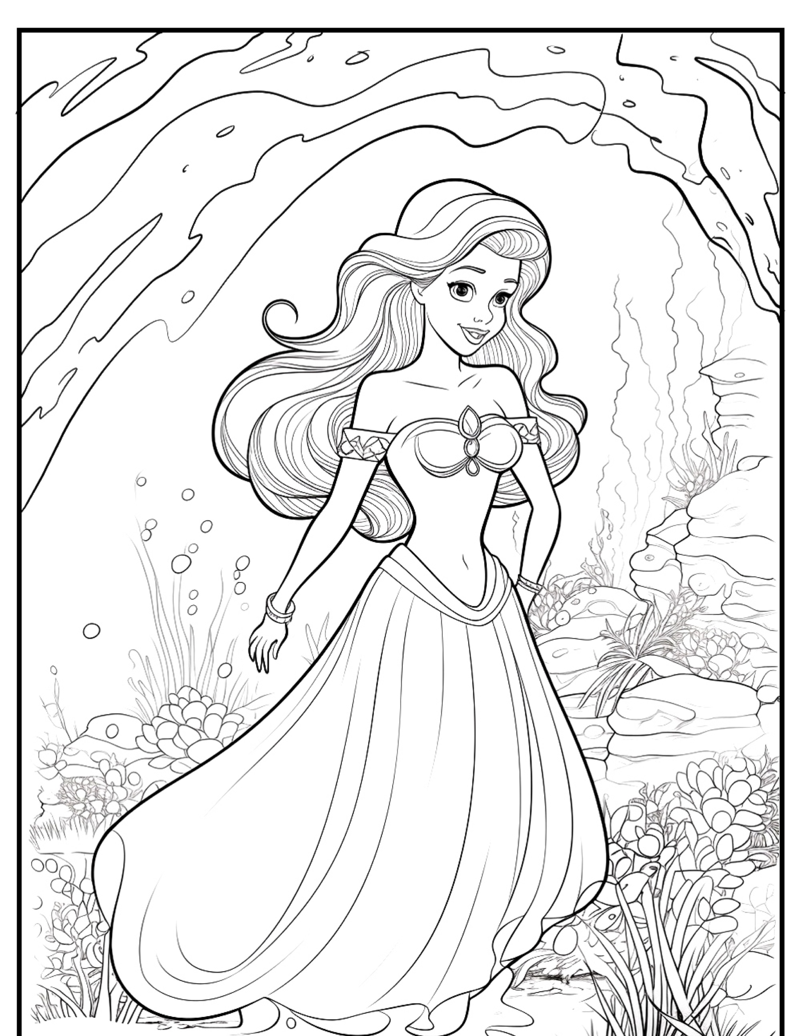 Uma princesa sorridente com cabelos longos e um vestido esvoaçante está debaixo d'água em meio a algas e pedras. Página para colorir. Desenho para colorir Ariel, capturando a magia sob o mar.