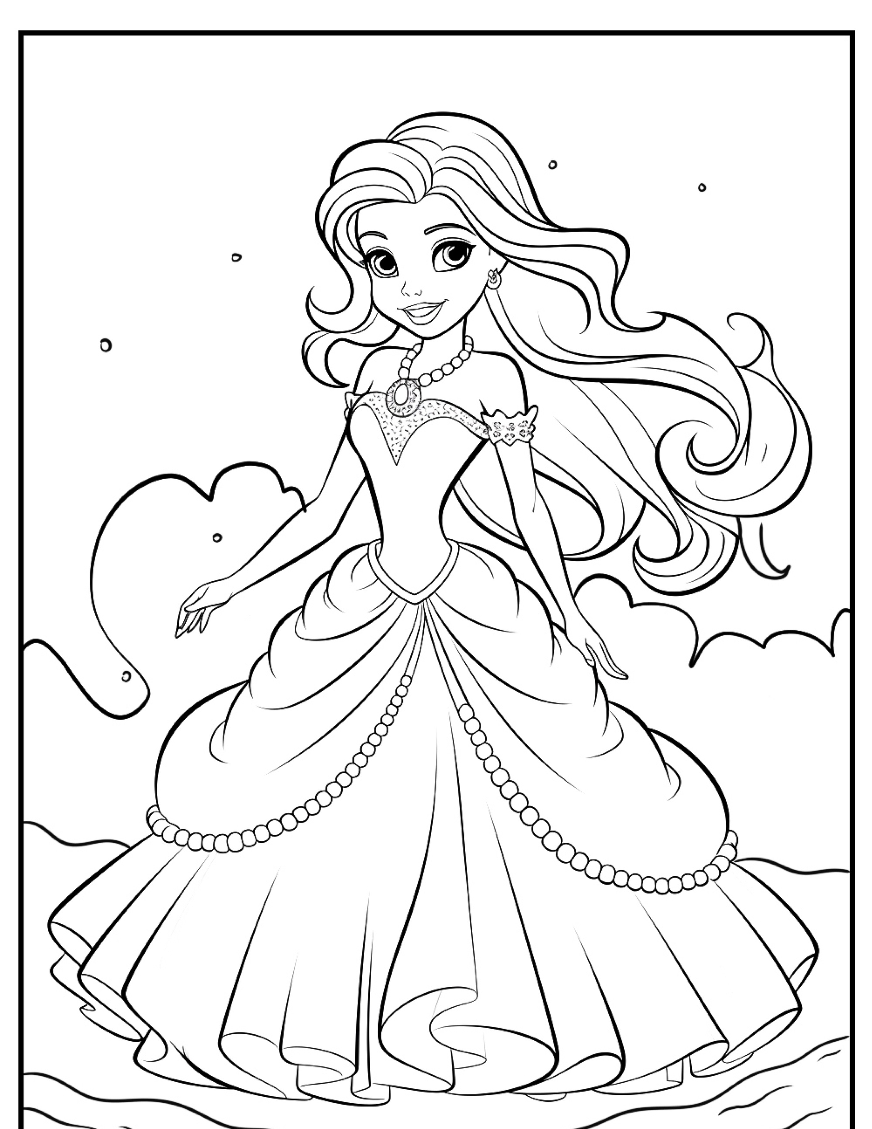 Uma princesa em um vestido elegante com cabelos soltos está em pé contra um fundo de nuvens e ondas, muito parecida com Ariel para colorir em um desenho encantador.